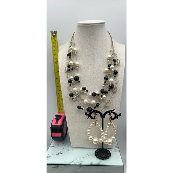 Multi Layered Faux Pearl And Black Beaded Wire Necklace And Faux Pearl Earrings - Picture 4 of 5